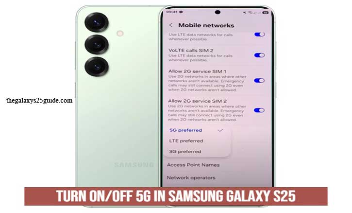 how to turn on/off 5G in samsung galaxy s25